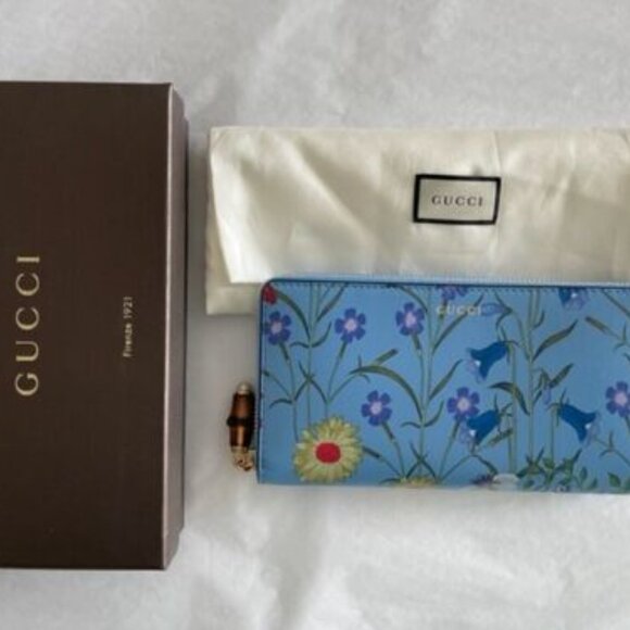 Gucci Nymphae Azure Shanghai Blue Large Floral Zip Wallet Purse Italy Bag NEW - Picture 6 of 6